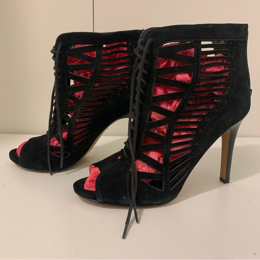 Galaxy By Harvic Black Suede Cutout Lace-Up Peep-Toe Heels with Pink Lining